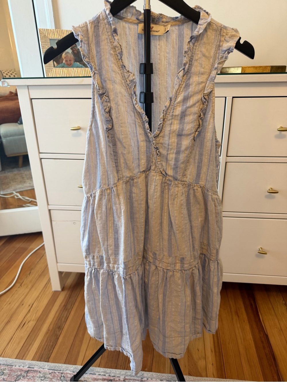 Vineyard Vines Light Blue & White Striped Ruffle Tiered Midi Dress